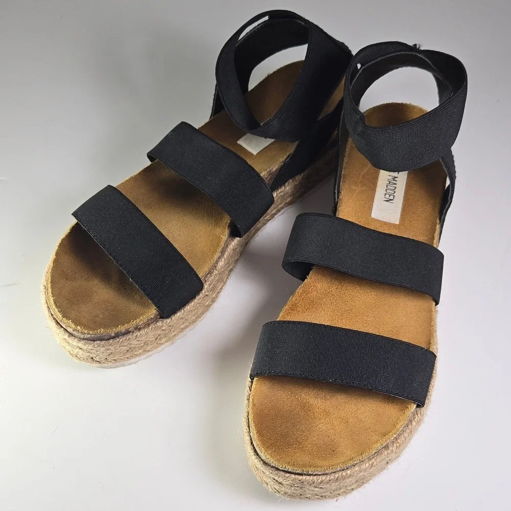 Steve Madden Black Elastic Strap Platform Espadrille Sandals Women Size 8
